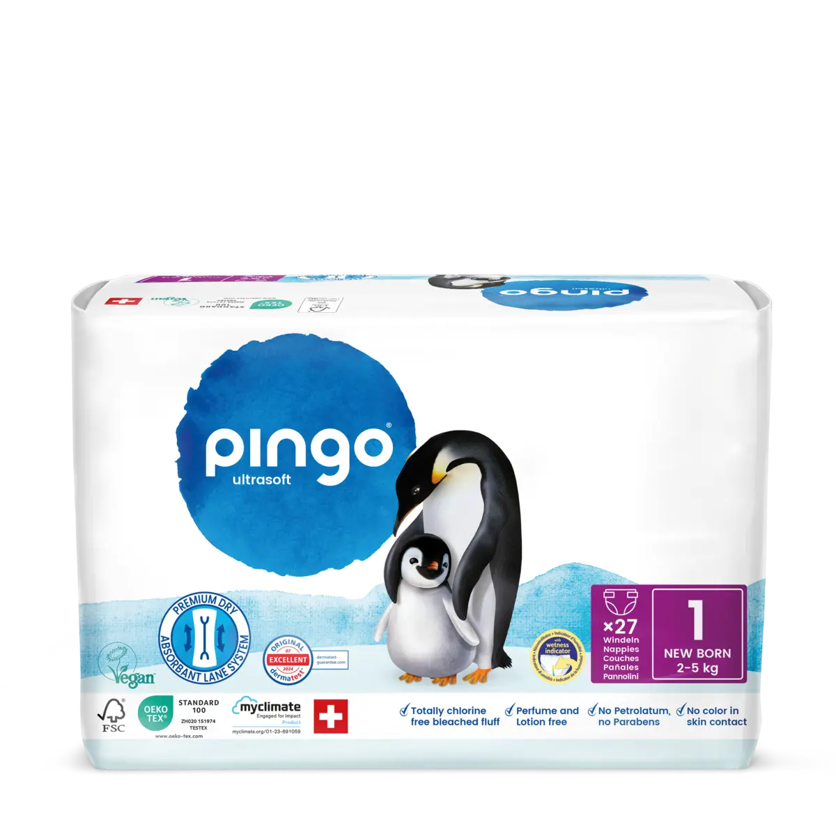 Pingo pañales ecológicos T1 (2-5 Kg) - caja de 4 bolsas x 27 uds